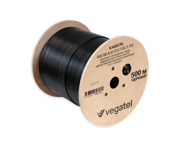 Кабель VEGATEL RG-58 A/U Cu (ГОСТ, PE, черный) бухта 500м