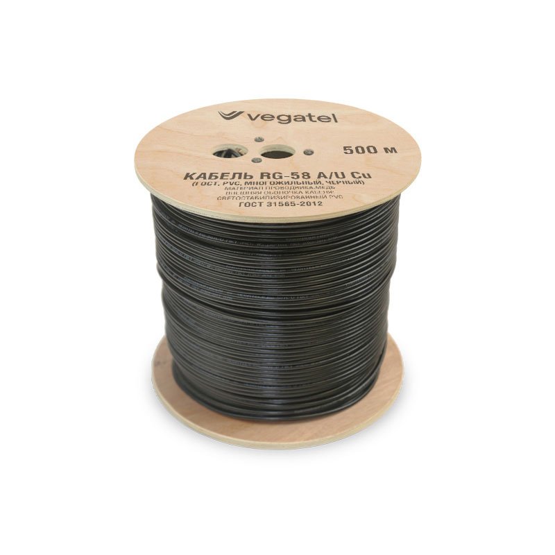 Кабель VEGATEL RG-58 A/U Сu (ГОСТ, PVC, многожильный, черный) бухта 500м